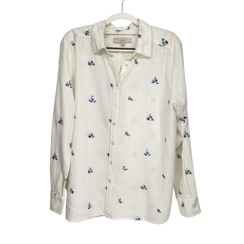 Loft White Linen Blend Floral Embroidered Collared Button Up Shirt Women's L - Picture 2 of 8